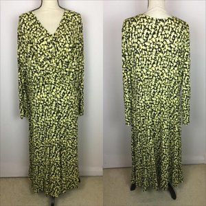 New! Ellos Maxi Dress 18/20 Womans Plus Black Yellow Floral V-Neck Long Sleeve